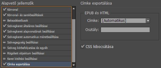 Az Objektumstílus címkézés exportálása beállítása