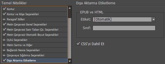 Nesne Stilinde etiketlemeyi dışa aktar seçeneği