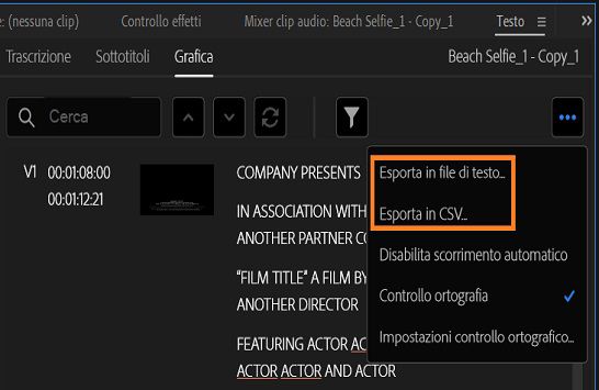 Esportazione di testo da Motion graphics
