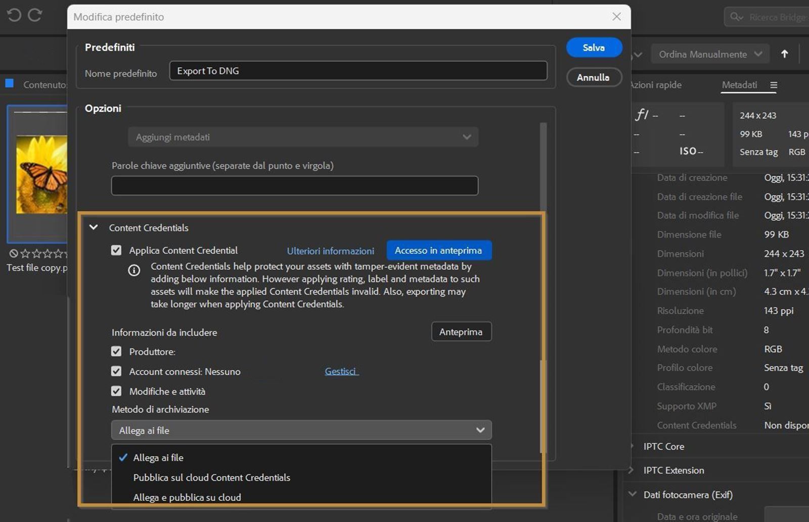 Viene visualizzata la finestra di dialogo Modifica predefinito, che include la sezione Applica content credential per la pubblicazione delle informazioni desiderate insieme ai file selezionati.