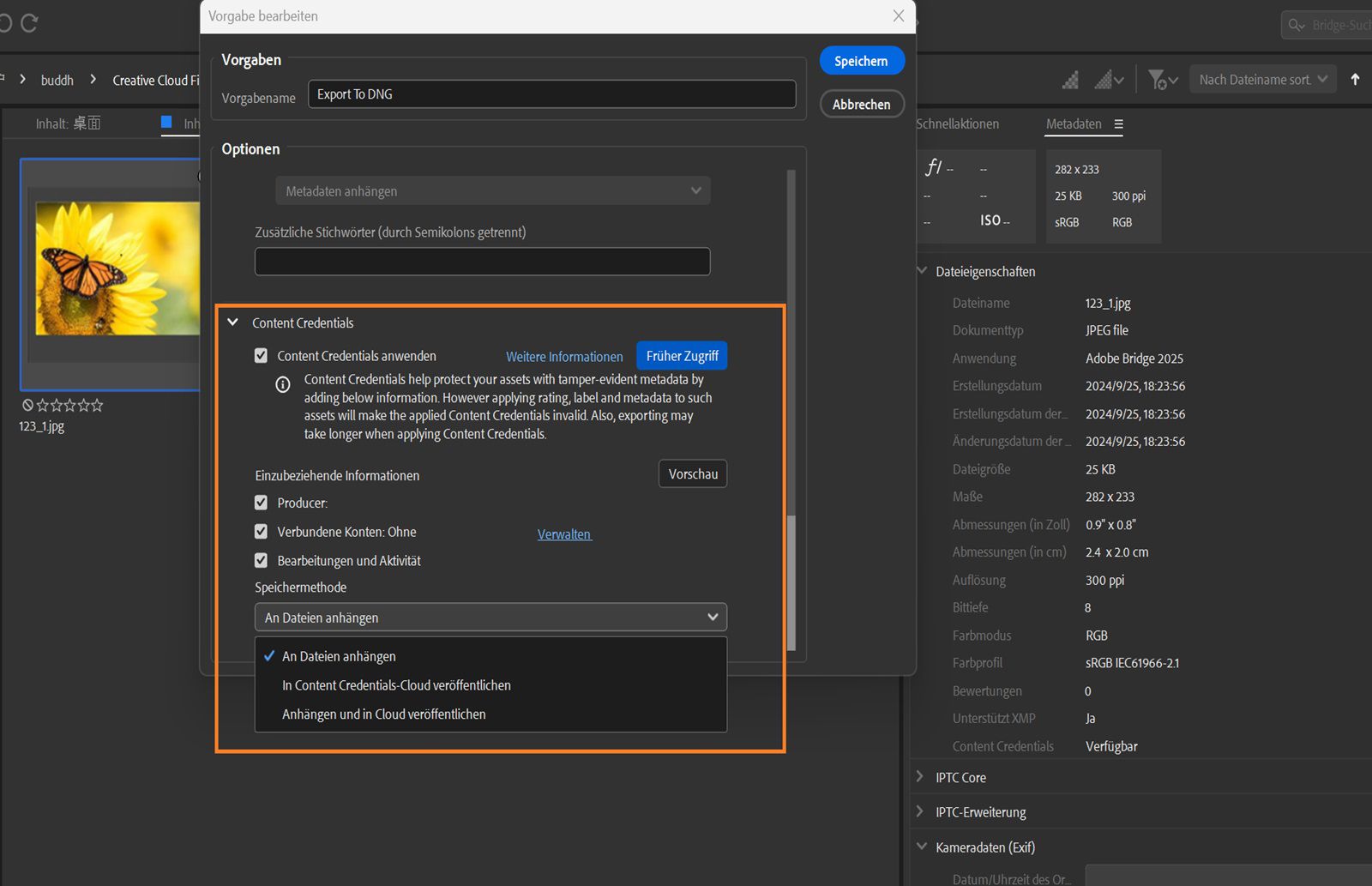 Das Dialogfeld „Vorgabe bearbeiten“ mit dem Abschnitt „Content Credentials anwenden“ ist geöffnet, in dem du die gewünschten Informationen zusammen mit den ausgewählten Dateien veröffentlichen kannst.