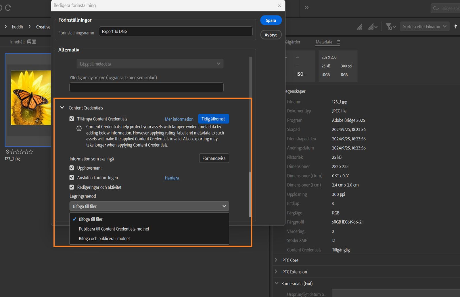 Dialogrutan Redigera förinställning öppnas och visar avsnittet Använd Content Credentials för att publicera önskad information tillsammans med de valda filerna.