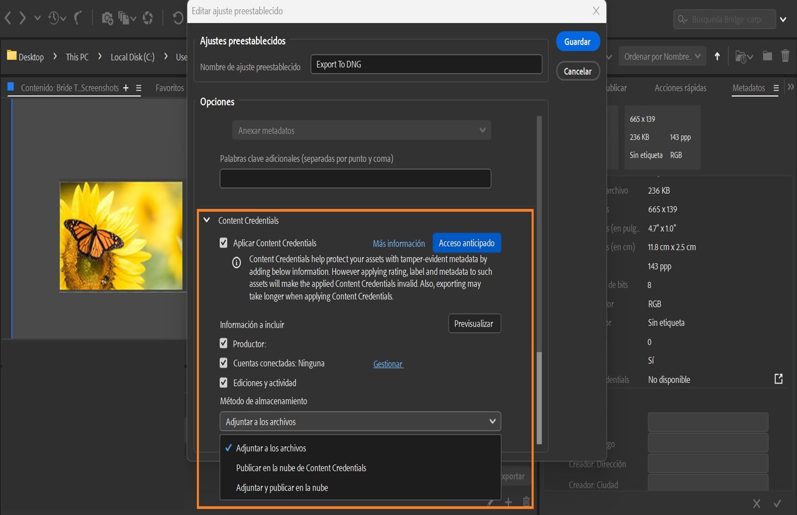 Se abre el cuadro de diálogo Editar ajuste preestablecido, que muestra la sección Aplicar Content Credentials para publicar la información deseada junto con los archivos elegidos.