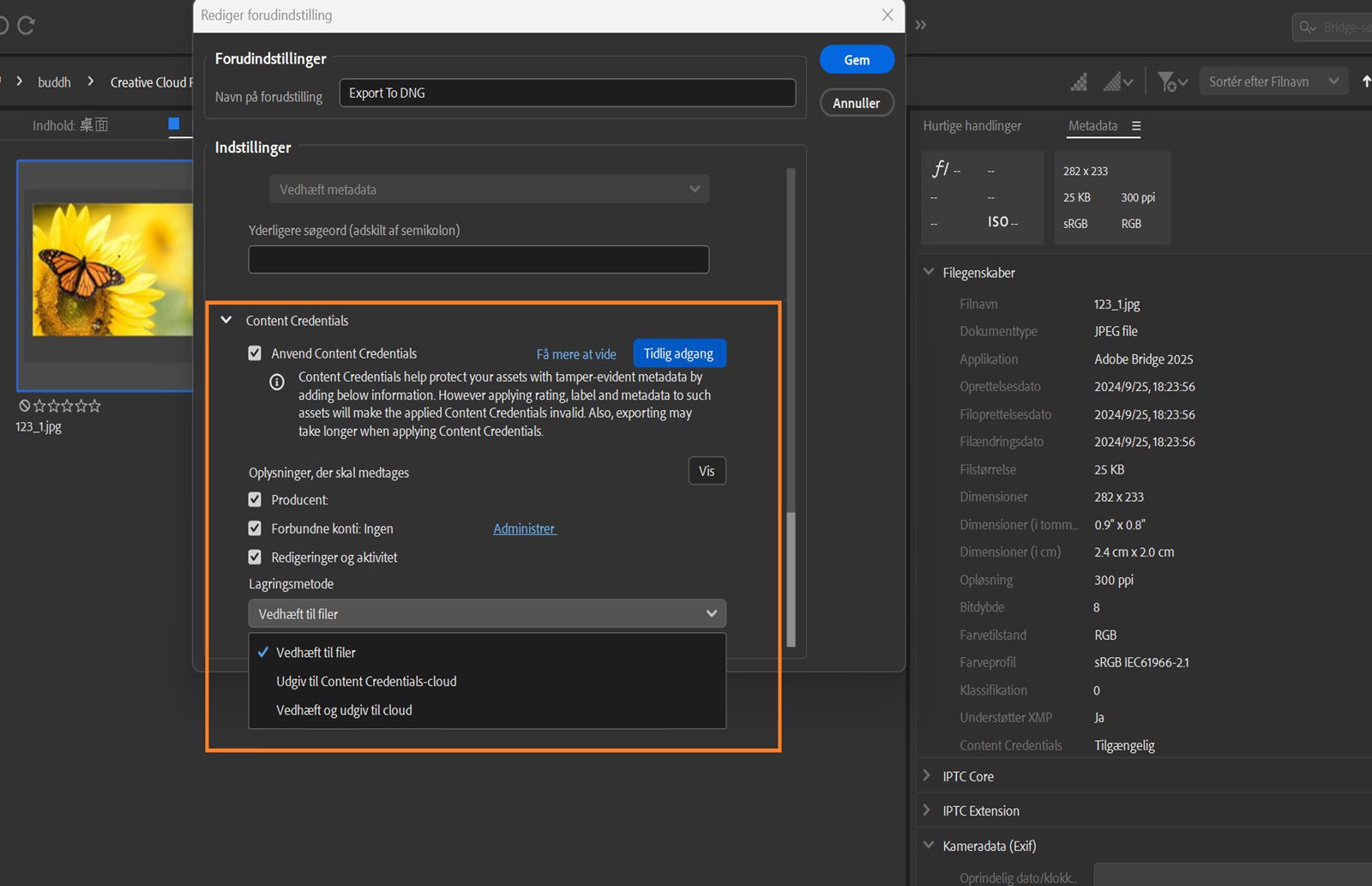 Dialogboksen Rediger forudindstilling åbnes, og sektionen Anvend Content Credentials bruges til at udgive de ønskede oplysninger sammen med de valgte filer.