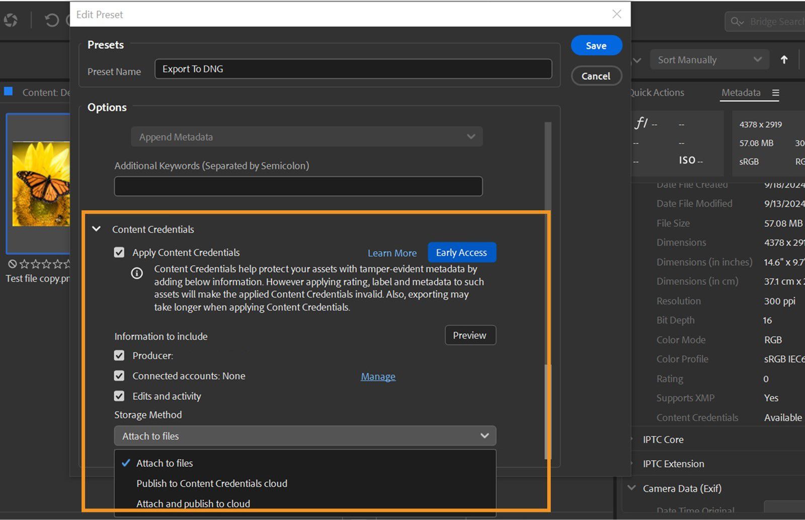 Edit preset dialog box is opened showcasing the Apply Content Credentials section to publish the desired information along with the chosen files.