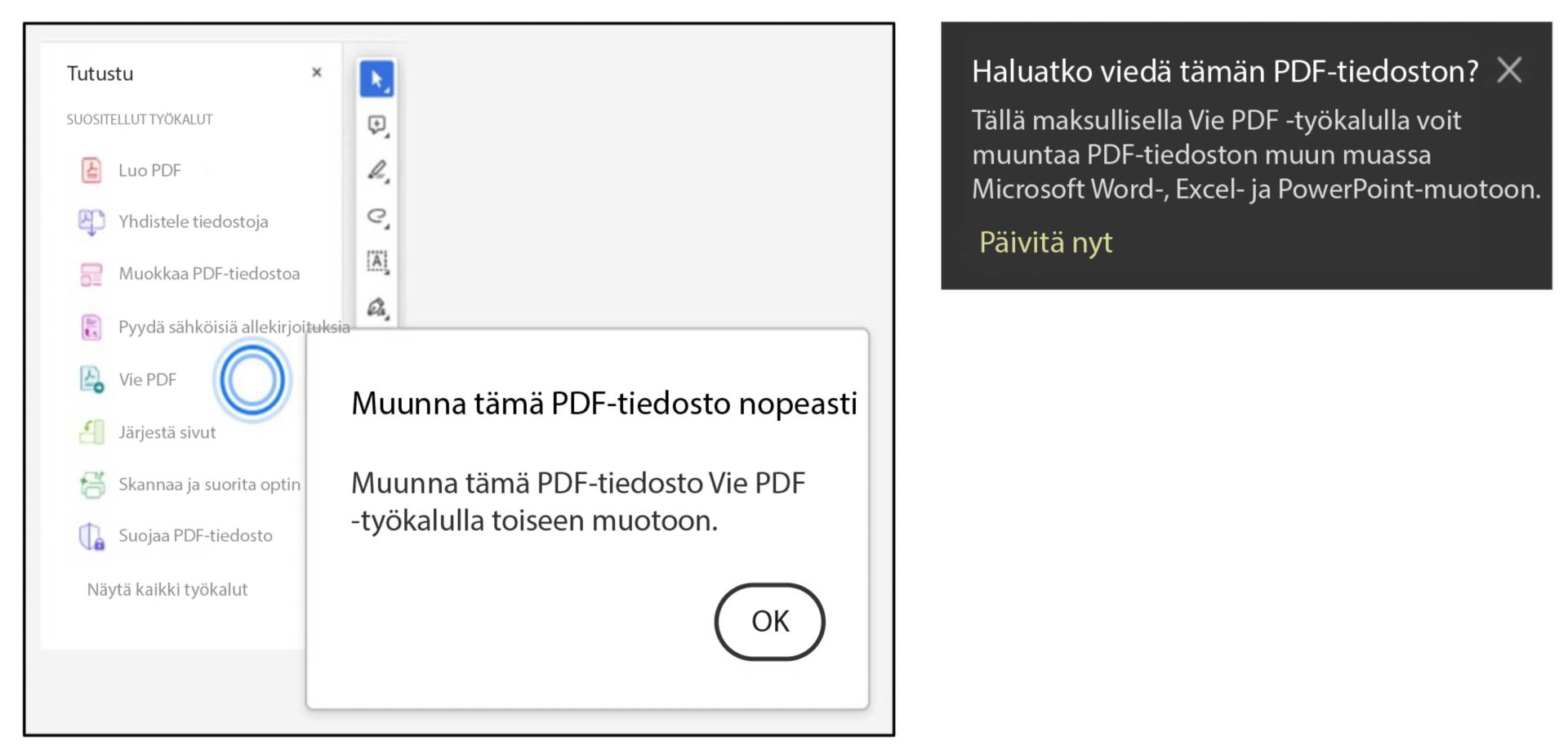 Kehote käyttää vientityökalua, kun valitset tekstiä