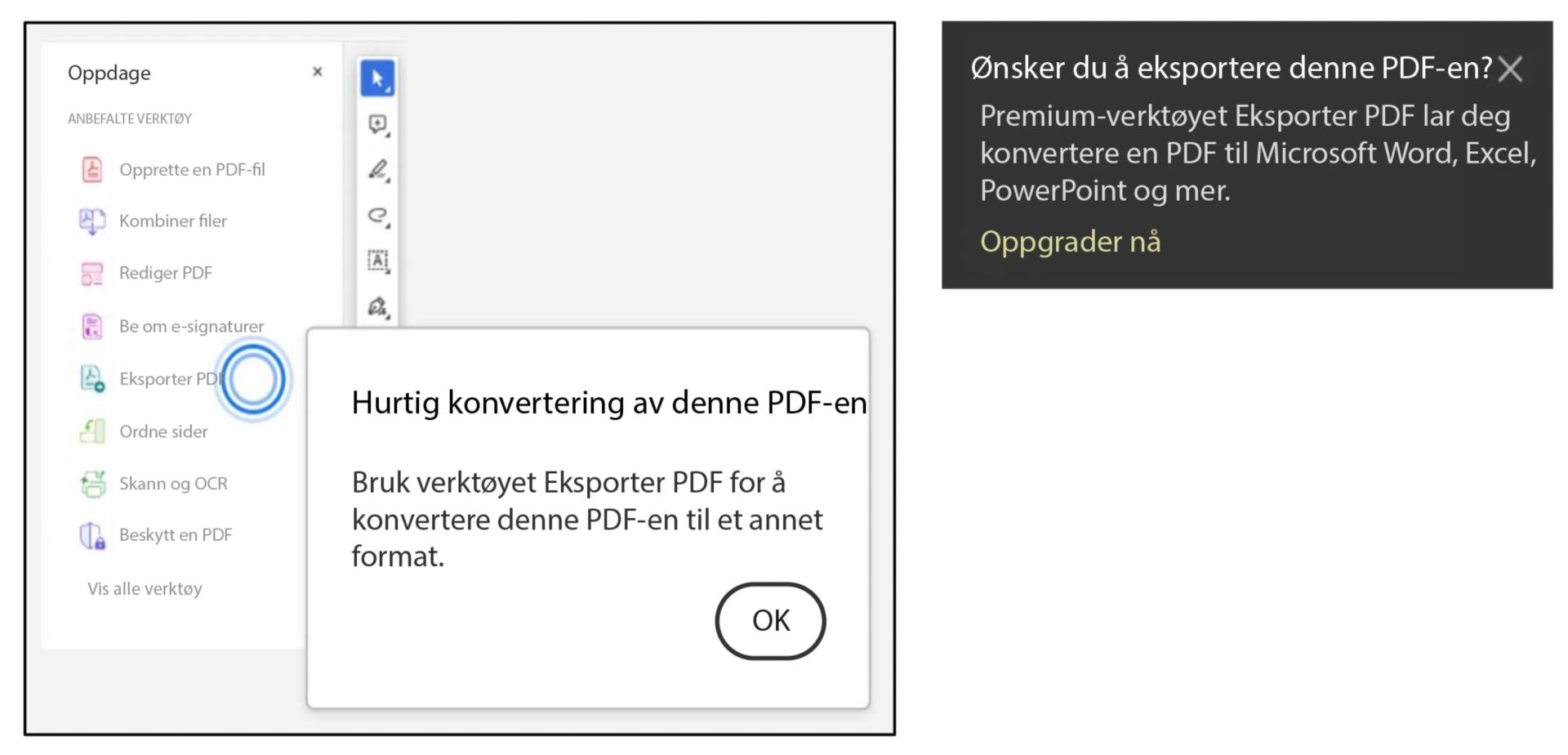 Spør om å bruke eksportverktøy når du velger tekst