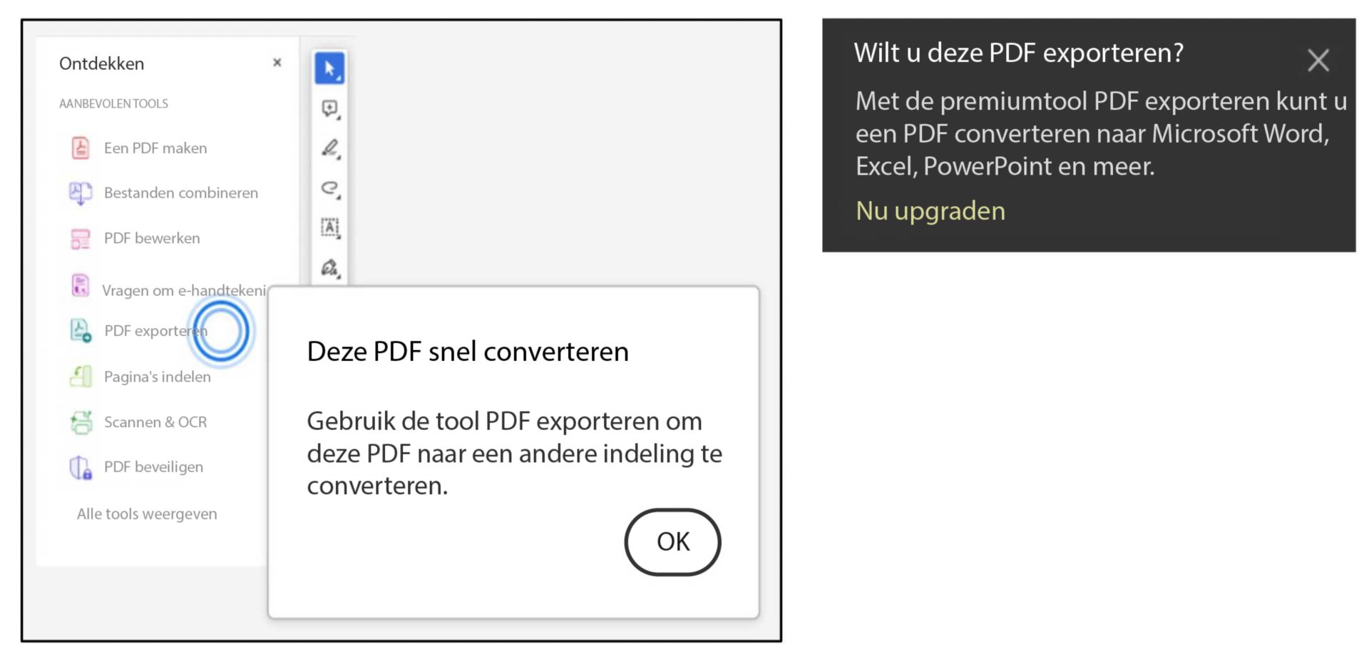 Vraag of de tool Exporteren moet worden gebruikt wanneer tekst wordt geselecteerd