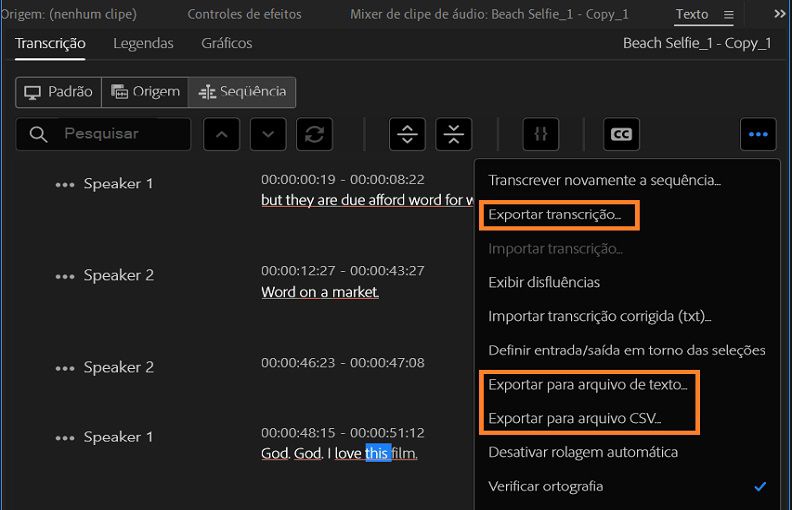 Opções de exportação de transcrições