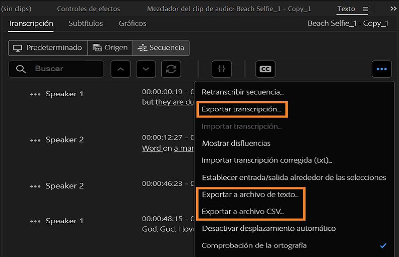 Opciones de exportación para transcripciones