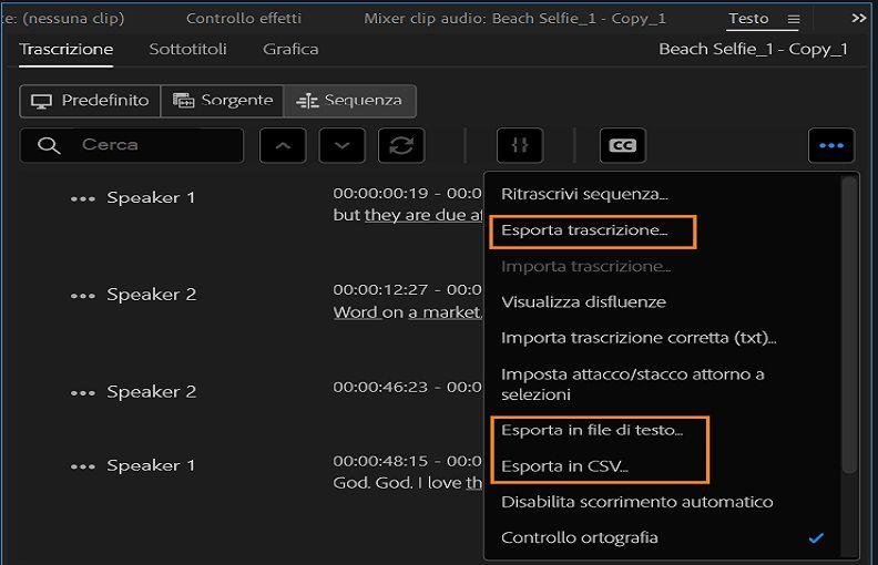 Opzioni di esportazione per le trascrizioni