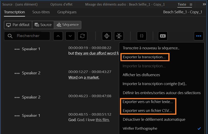 Options d’exportation pour les transcriptions