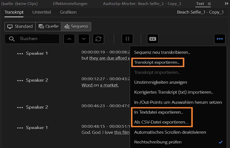 Exportoptionen für Transkripte