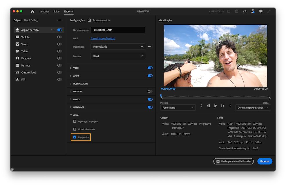 Ativar proxies no modo de exportação