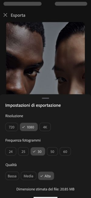 Impostazioni di esportazione con risoluzione impostata su 1080, frequenza fotogrammi su 30 e qualità su Alta, dimensione stimata del file 20.85 MB.