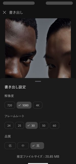 解像度を 1080、フレームレートを 30、品質を高に設定した書き出し設定で、推定ファイルサイズは 20.85 MB です。