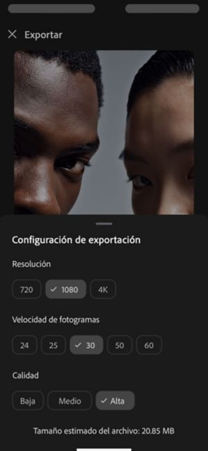 Configuración de exportación con Resolución establecida en 1080, Velocidad de fotogramas en 30 y Calidad en Alta, tamaño estimado del archivo 20,85 MB.