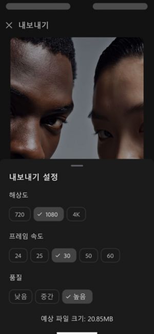 해상도가 1080, 프레임 속도가 30, 품질이 높음으로 설정된 내보내기 설정에서 예상 파일 크기는 20.85MB입니다.