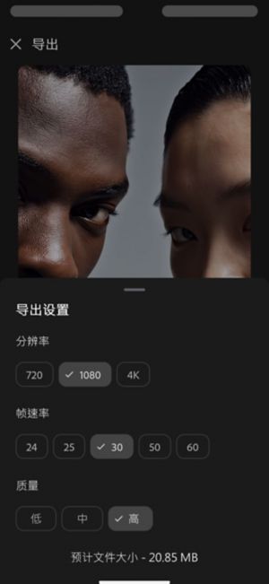 导出设置：分辨率设为 1080，帧速率设为 30，质量设为高，预计文件大小 20.85 MB。