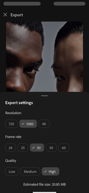 Export settings with Resolution set to 1080, Frame rate to 30, and Quality to High, estimated file size 20.85 MB.