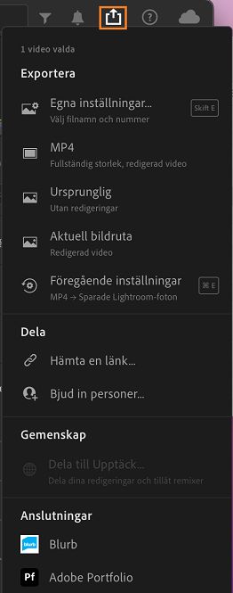 Exportalternativ för att exportera en video i Lightroom.