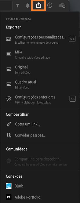 Opções de exportação para exportar um vídeo no Lightroom.