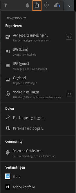 Exportopties om een video te exporteren in Lightroom.