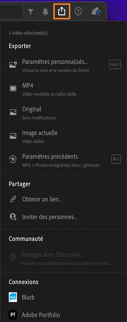 Options d’export pour exporter une vidéo dans Lightroom