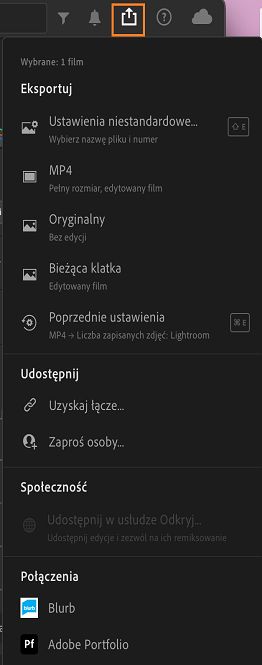Opcje eksportu do eksportowania materiałów wideo w programie Lightroom.