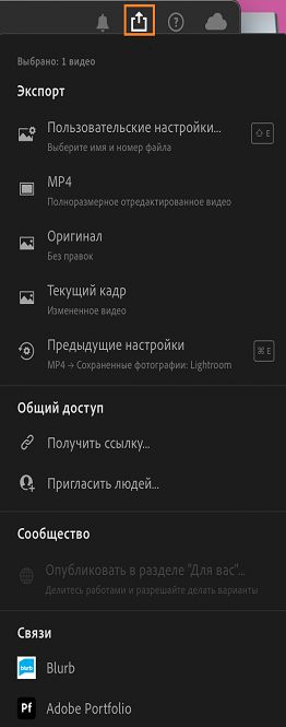 Параметры экспорта видео в Lightroom.