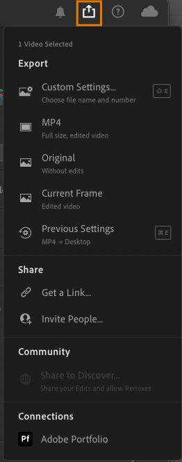 Export options to export a video in Lightroom.