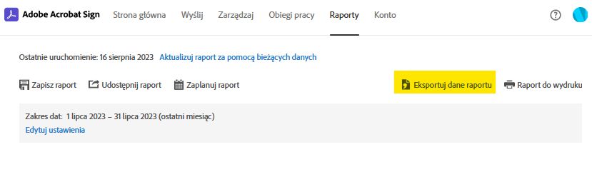 Opcja strony raportu – eksportuj dane raportu