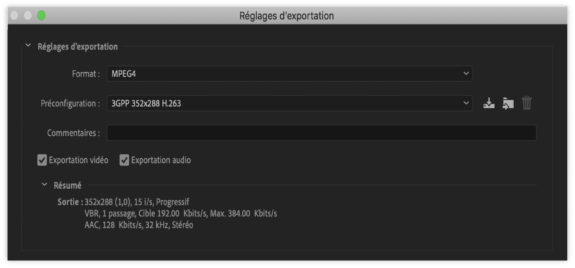 Réglages d’exportation