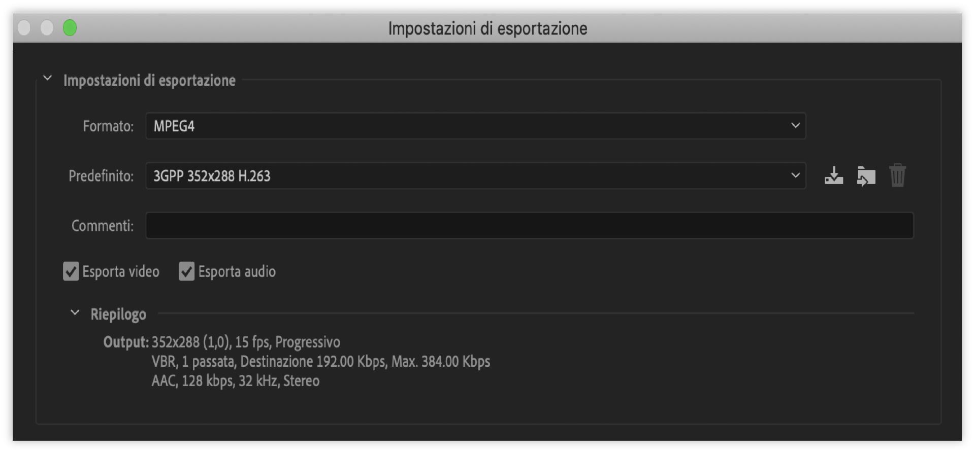 Impostazioni di esportazione