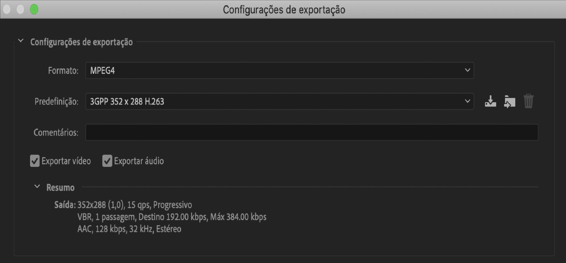 Configurações de exportação