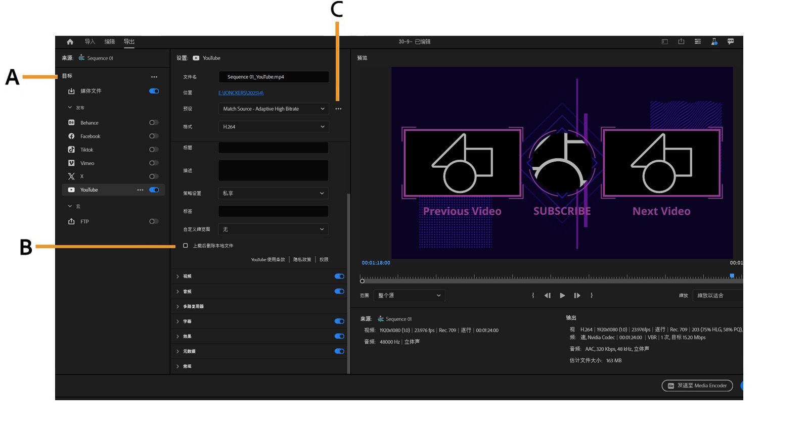 导出窗口已打开，并突出显示导出目标、输出设置和预设。