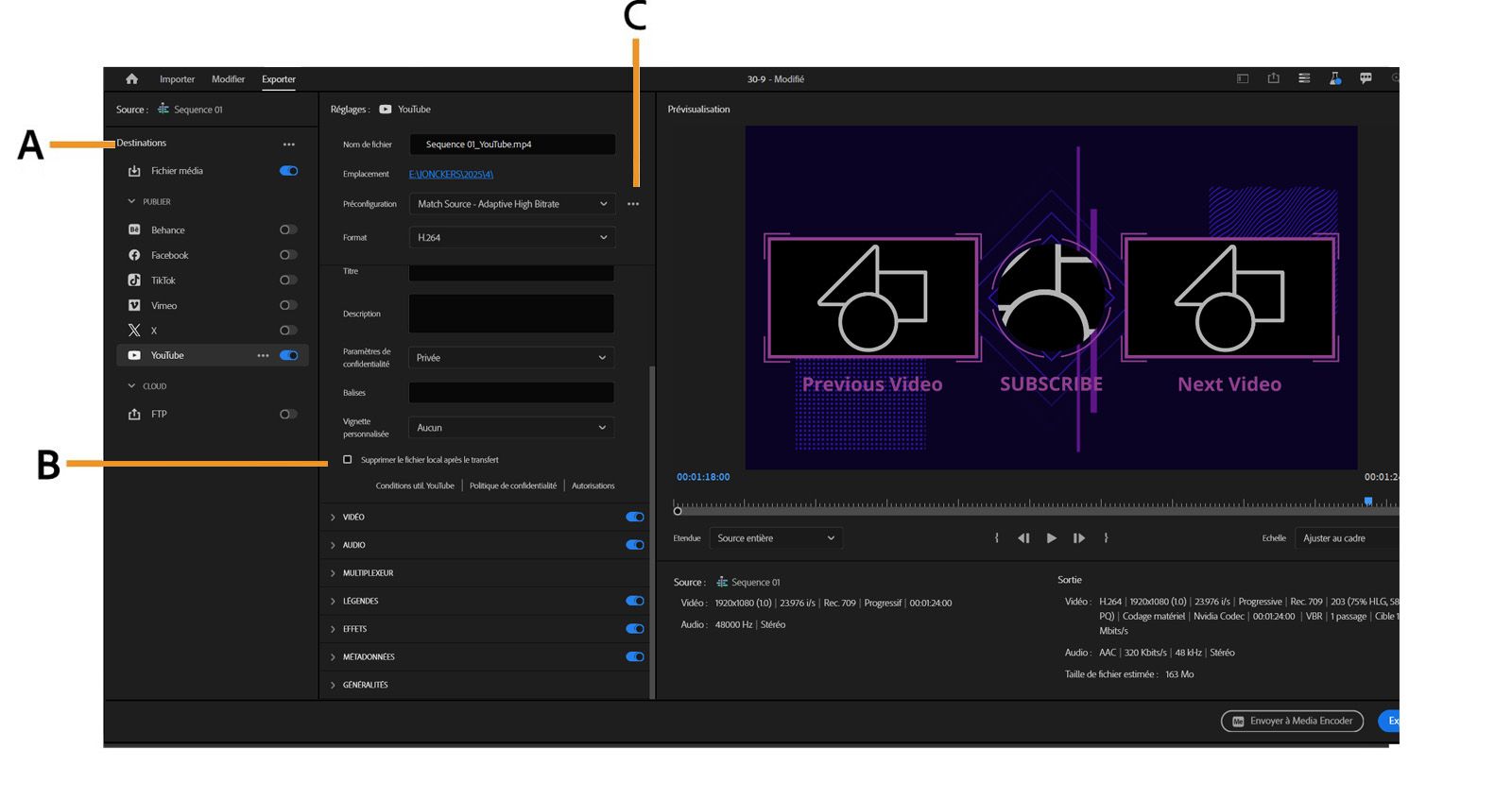 La fenêtre d’export est ouverte et les destinations d’export, les paramètres de sortie et le paramètre prédéfini sont mis en surbrillance.