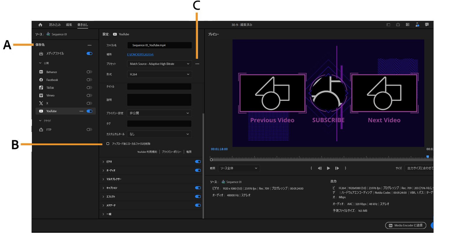 書き出しウィンドウが開き、書き出し先、出力設定およびプリセットがハイライト表示されます。