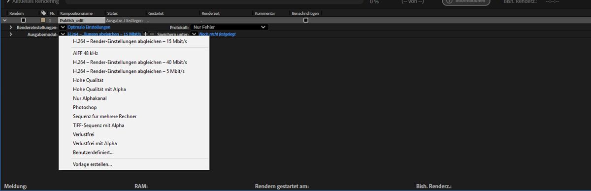 Die Render-Warteschlange von After Effects zeigt das Ausgabe-Modul-Menü mit H.264-Voreinstellungen, verlustfreien Optionen und Bildsequenzformaten.