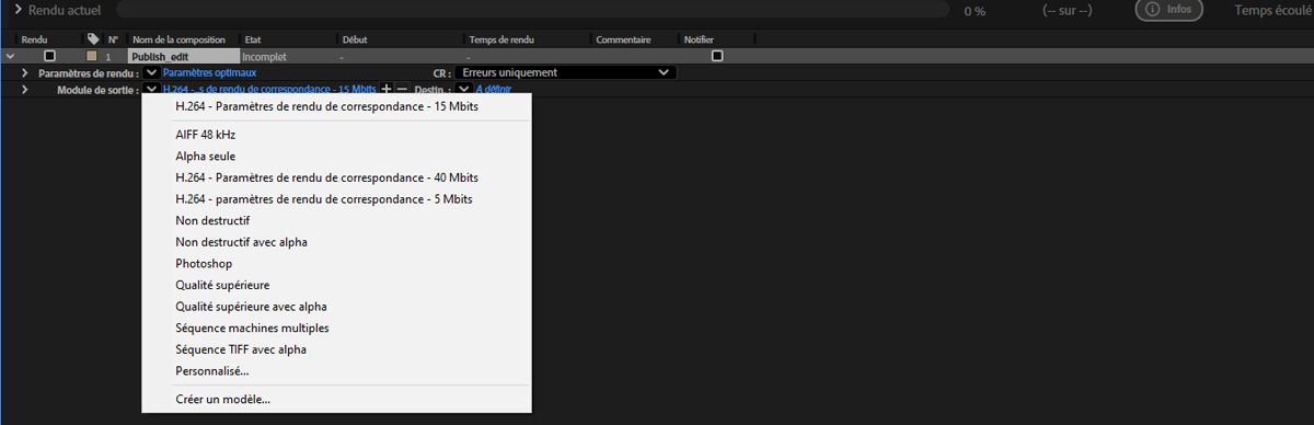 La file d'attente de rendu After Effects affiche le menu Module de sortie avec les paramètres prédéfinis H.264, les options sans perte et les formats de séquence d'images.