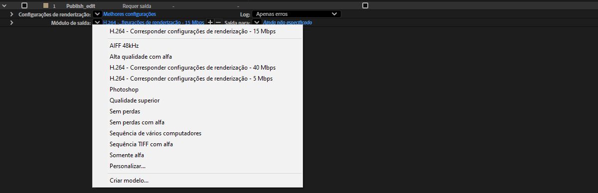 A fila de renderização do After Effects mostra o menu Módulo de saída com predefinições H.264, opções sem perdas e formatos de sequência de imagem.