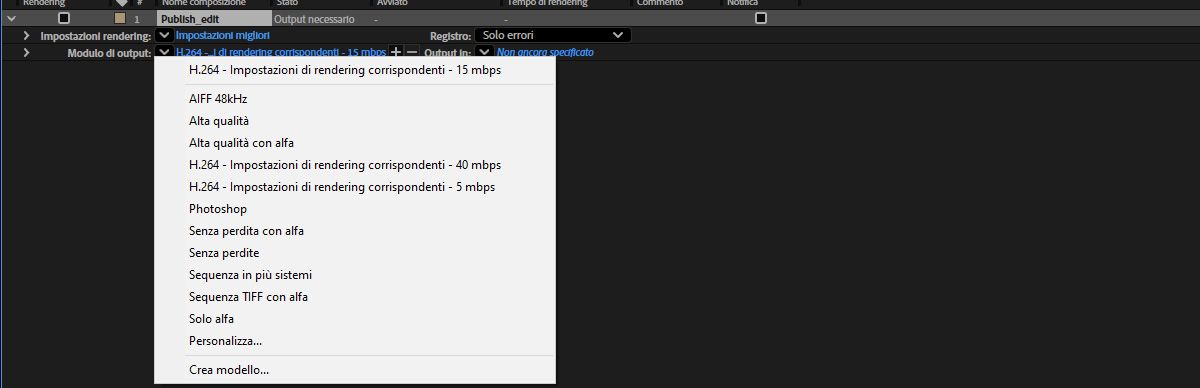 La coda di rendering di After Effects mostra il menu Output Module con i predefiniti H.264, le opzioni lossless e i formati di sequenza immagini.