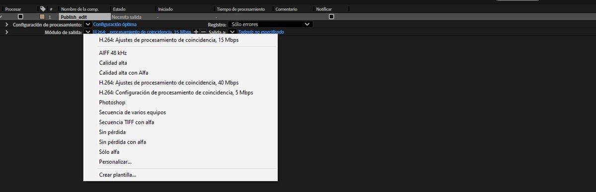 La cola de procesamiento de After Effects muestra el menú Output Module con ajustes preestablecidos H.264, opciones sin pérdida y formatos de secuencia de imagen.