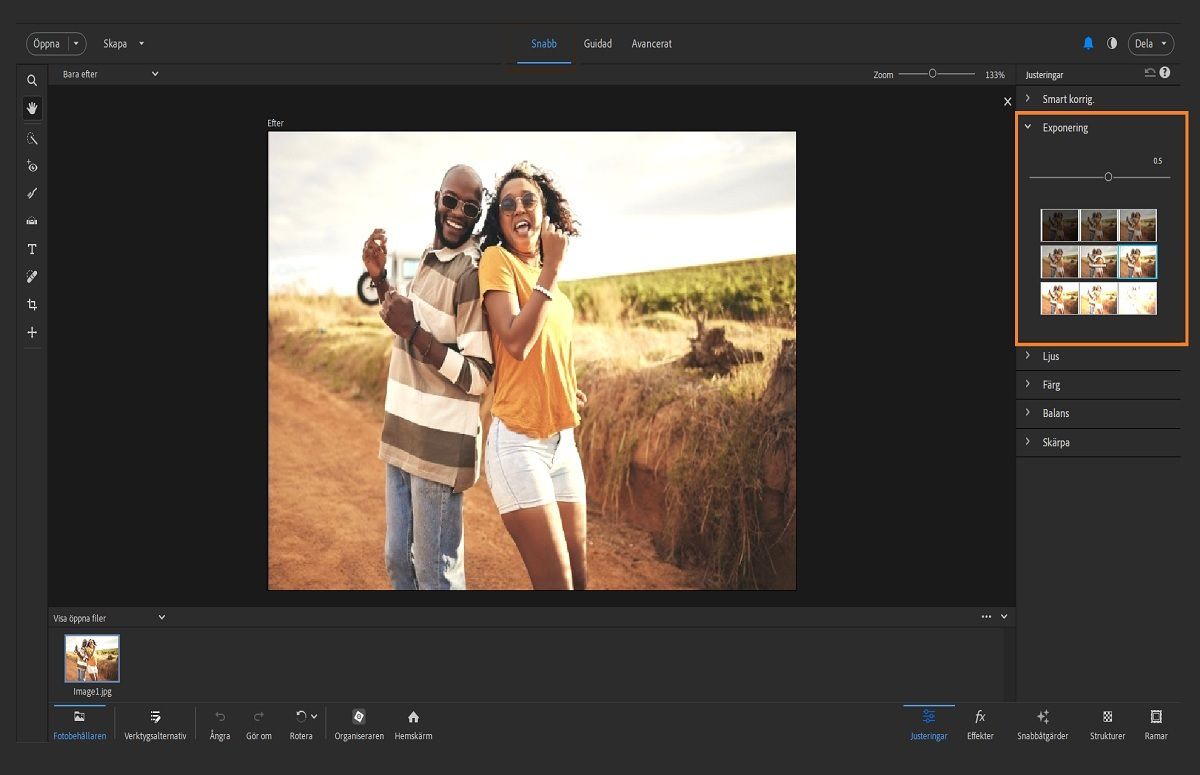 Exponeringsjusteringar i Adobe Photoshop Elements.