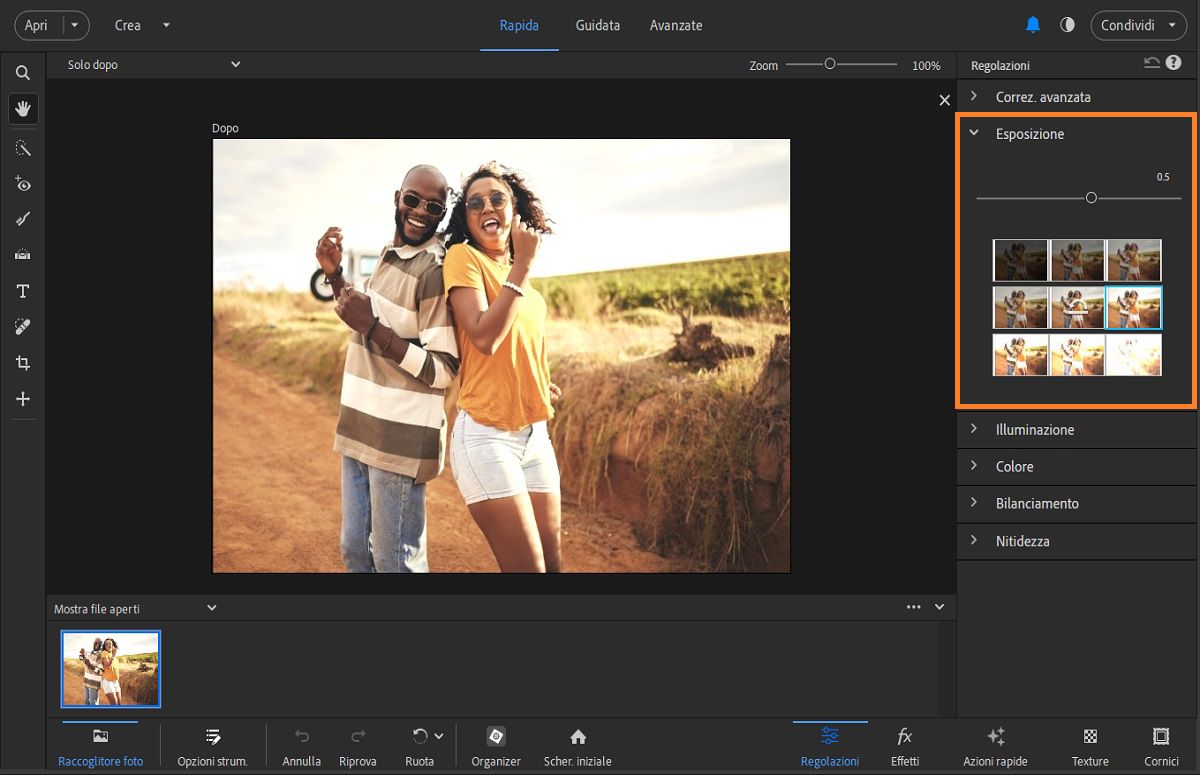 Regolazioni dell'esposizione in Adobe Photoshop Elements.