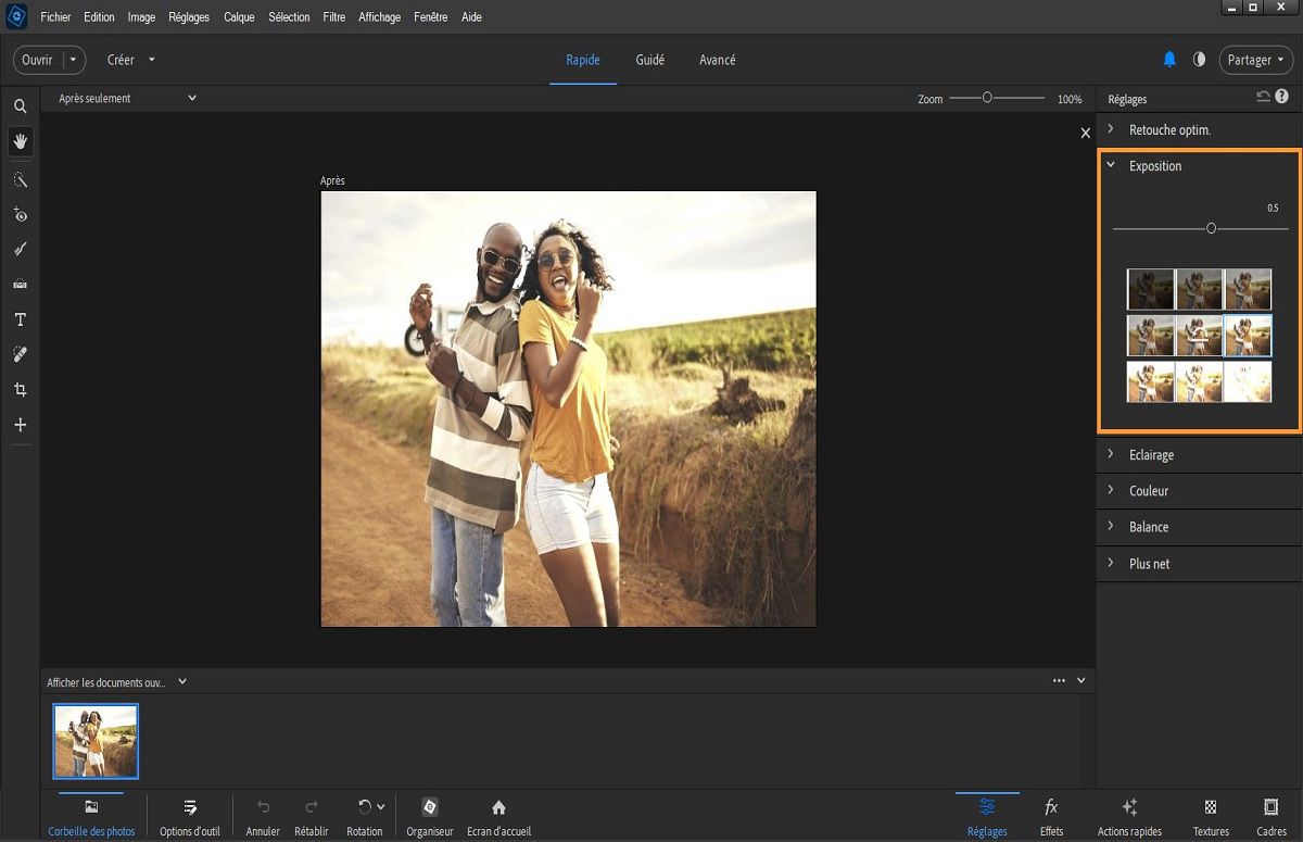 Réglages de l’exposition dans Adobe Photoshop Elements.