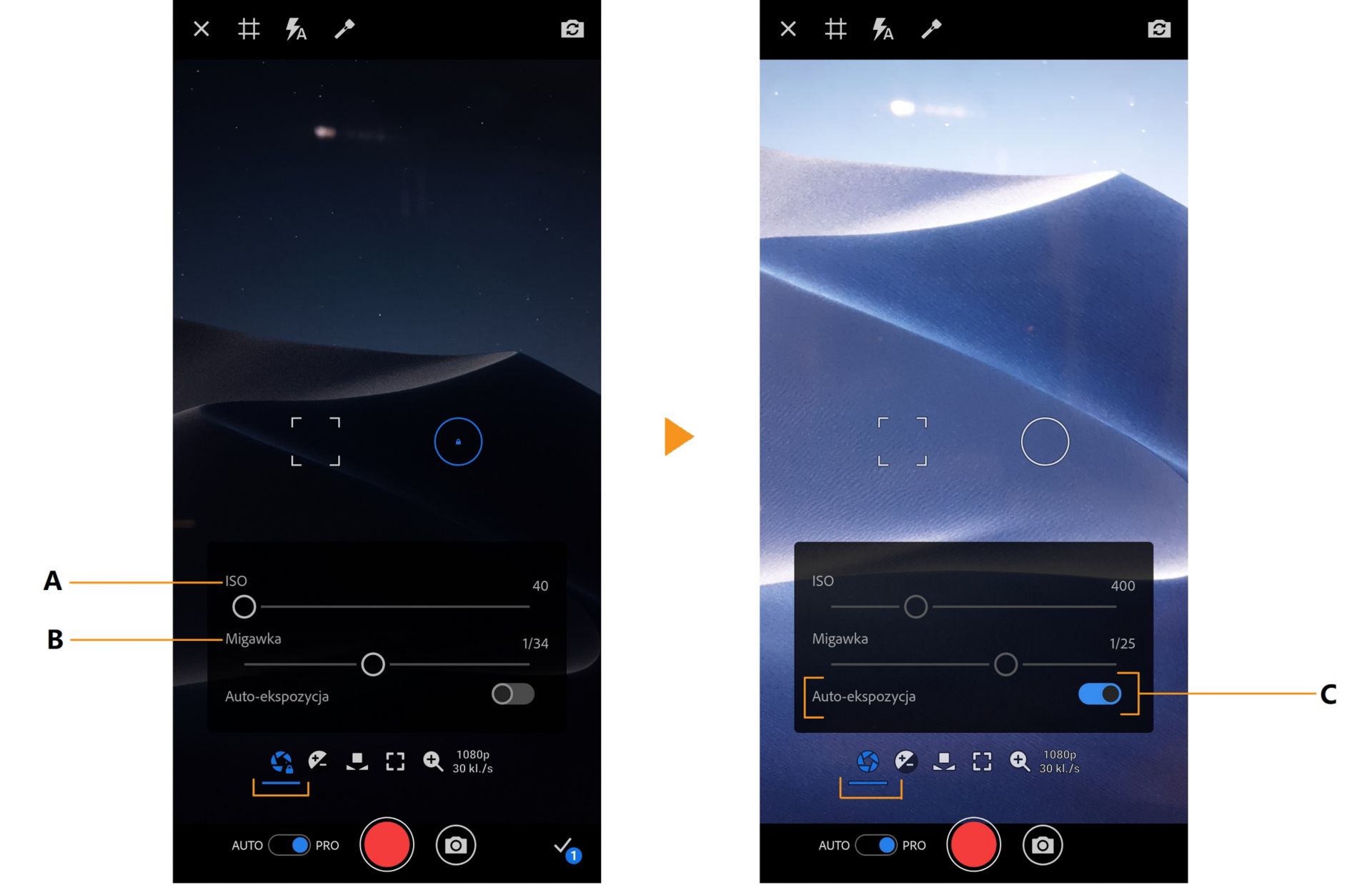 Opcje ekspozycji PRO aplikacji Premiere Rush