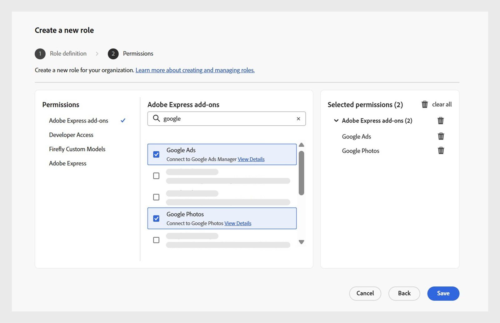 Image displays the Create role screen in the Admin Console, showing a list of permissions and capabilities you can select from