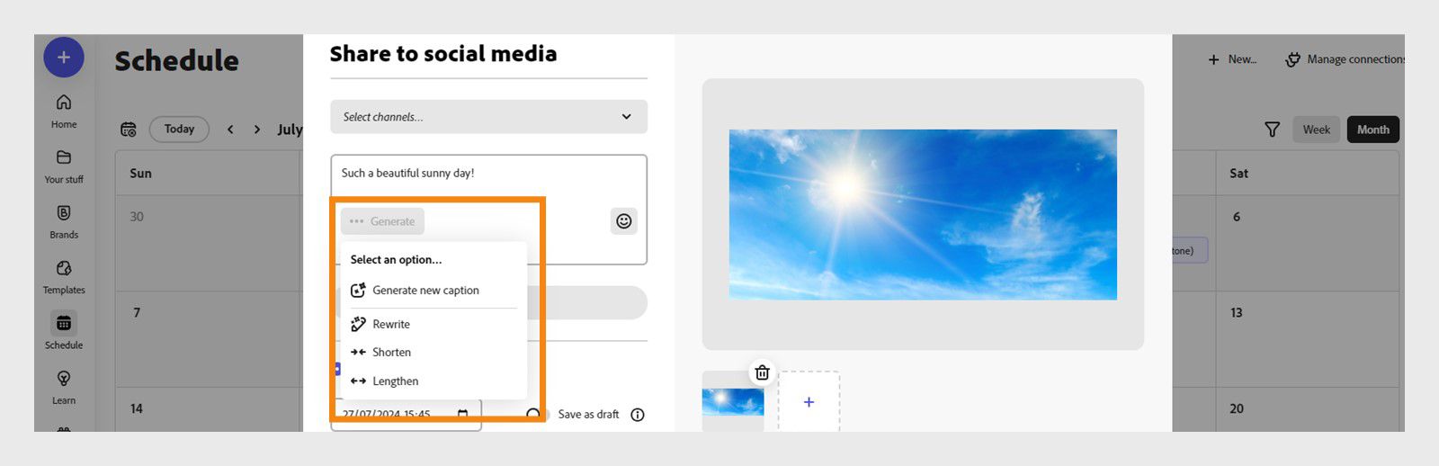 En el cuadro emergente Compartir en redes sociales, se abre la opción Seleccionar una opción con las opciones Generar nuevo pie de foto, acortar y alargar en el cuadro de indicaciones.