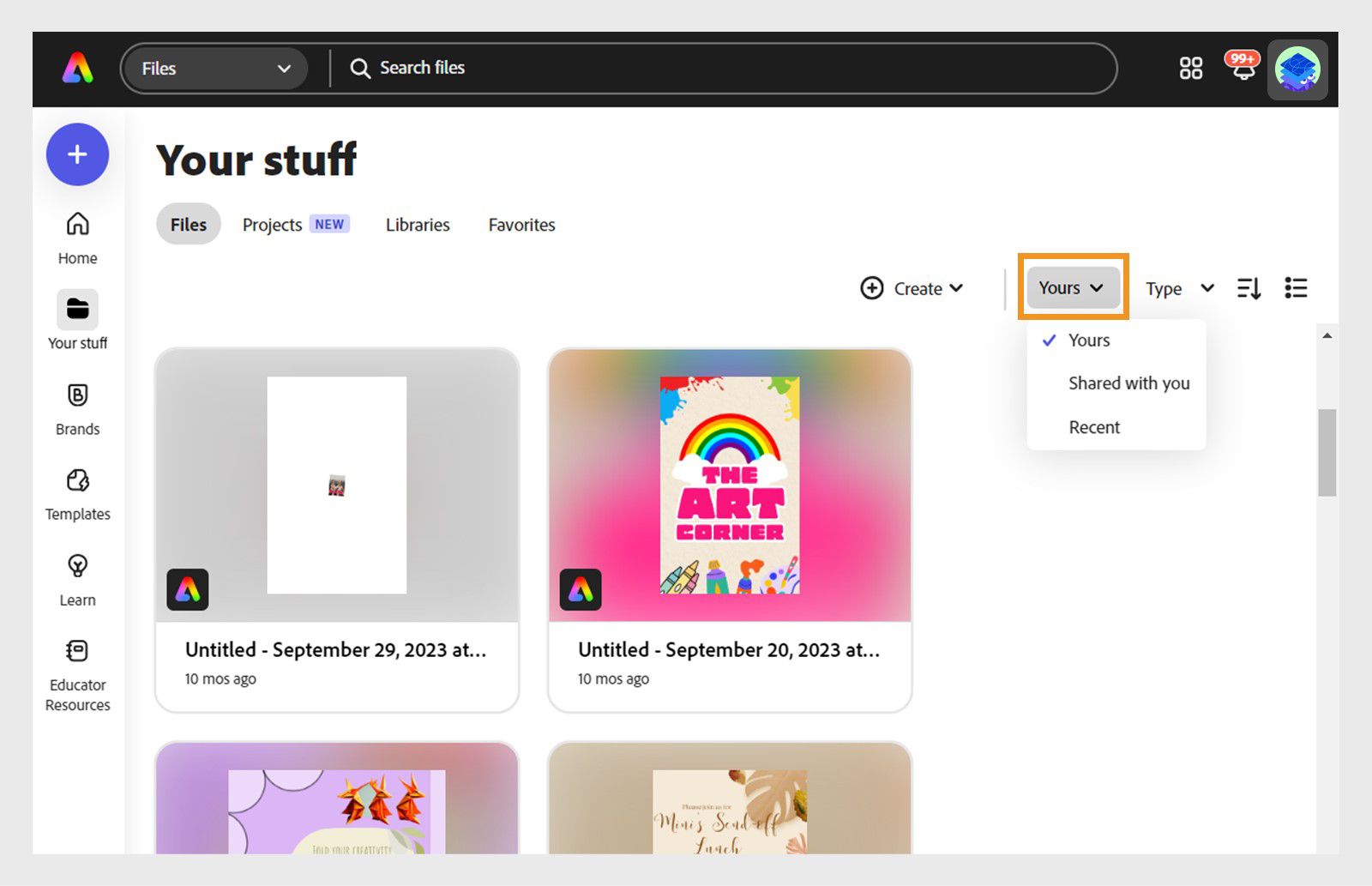 Screenshot van de pagina 'Jouw spullen' in Adobe Express, met het filter 'Van jou' gemarkeerd.